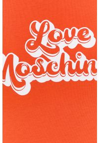 Love Moschino sukienka bawełniana kolor pomarańczowy mini prosta. Okazja: na co dzień. Kolor: pomarańczowy. Materiał: bawełna. Długość rękawa: krótki rękaw. Wzór: nadruk. Typ sukienki: proste. Styl: casual. Długość: mini