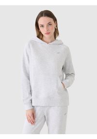 4f - 4F Bluza dresowa nierozpinana z kapturem damska - szara XS. Okazja: na co dzień. Typ kołnierza: kaptur. Kolor: szary. Materiał: dresówka. Długość rękawa: raglanowy rękaw. Wzór: ze splotem, gładki. Styl: sportowy, casual #1