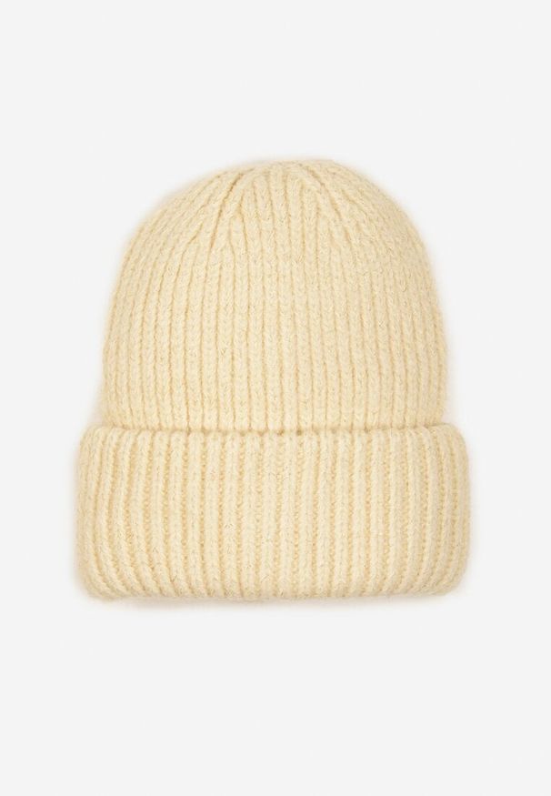 Renee - Beżowa Czapka Beanie z Wiskozą z Prążkowanego Materiału Ozdobiona Metaliczną Nicią Temitana. Kolor: beżowy. Materiał: materiał, prążkowany, wiskoza. Wzór: aplikacja. Styl: wizytowy, casual, elegancki