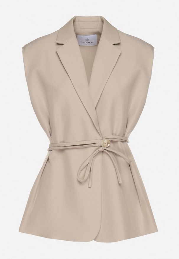 Born2be - Beżowa Garniturowa Kamizelka z Usztywnioną Linią Ramion i Paskiem Dannelli. Okazja: na co dzień, na spotkanie biznesowe. Kolor: beżowy. Materiał: jeans. Styl: klasyczny, casual, biznesowy