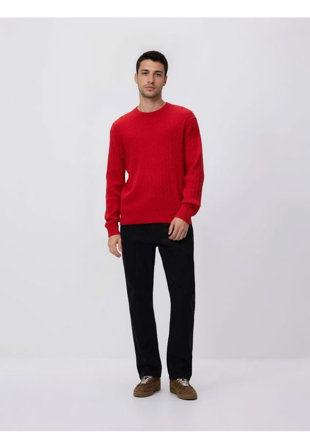 Reserved - Strukturalny sweter z bawełną - czerwony. Kolor: czerwony. Materiał: bawełna