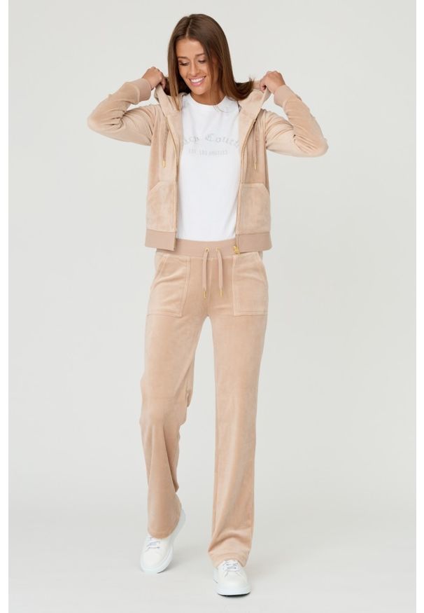 Juicy Couture - JUICY COUTURE Beżowe damskie spodnie Del Ray, Rozmiar S. Kolor: beżowy. Materiał: poliester, welur. Wzór: haft
