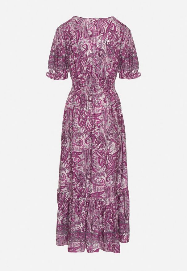 Born2be - Ciemnoróżowa Bawełniana Sukienka o Rozkloszowanym Kroju we Wzór Paisley Folurelle. Typ kołnierza: dekolt w serek. Kolor: fioletowy. Materiał: bawełna. Długość rękawa: krótki rękaw. Wzór: paisley. Styl: klasyczny, elegancki
