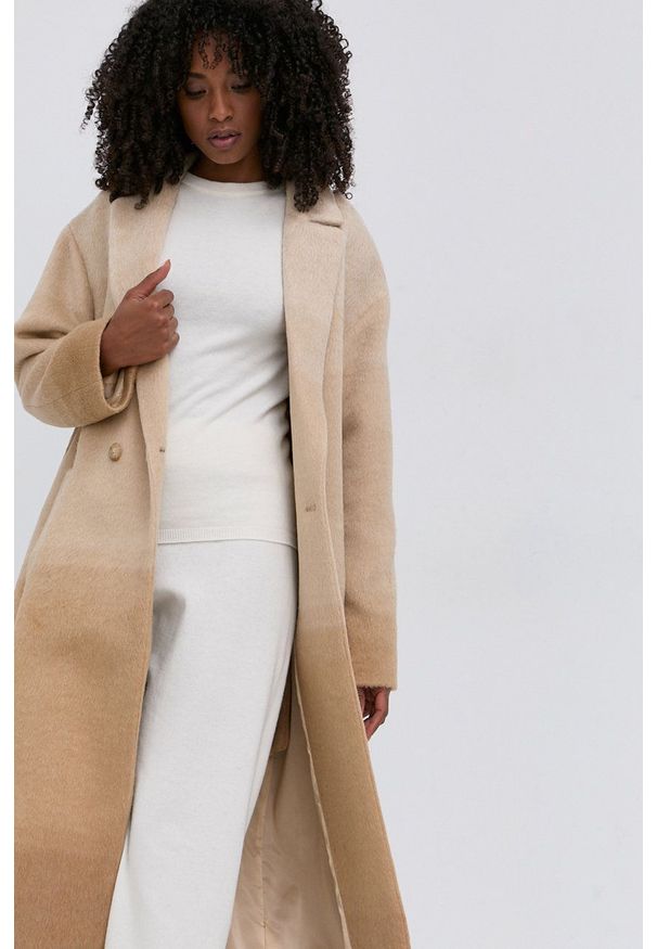 TwinSet - Twinset Płaszcz z domieszką wełny kolor beżowy przejściowy dwurzędowy. Kolor: beżowy. Materiał: wełna. Styl: klasyczny