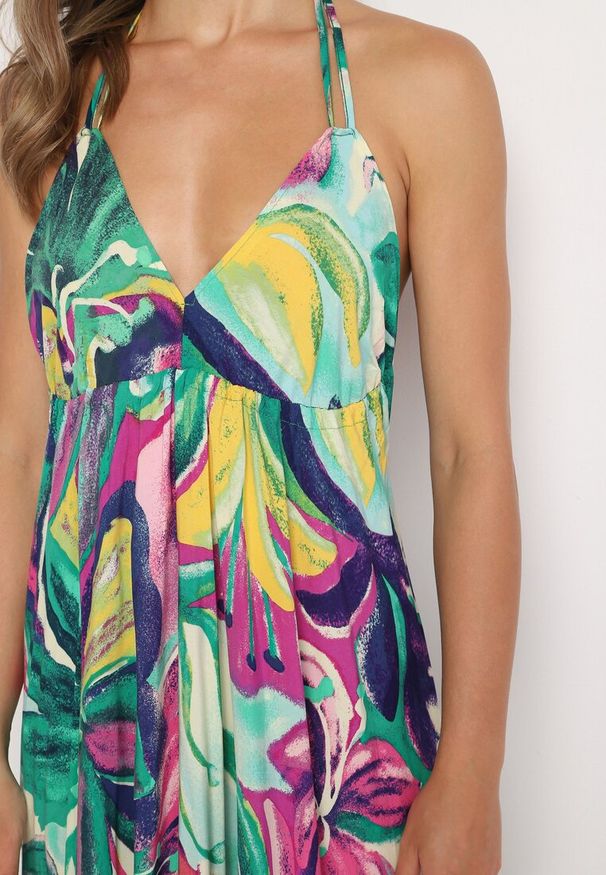 Born2be - Zielono-Fioletowa Rozkloszowana Sukienka z Wiskozy z Odcięciem pod Biustem Wiązana na Szyi i Plecach Nividia. Okazja: na co dzień. Kolor: zielony. Materiał: wiskoza. Sezon: lato. Typ sukienki: proste, sportowe. Styl: elegancki, casual, sportowy, klasyczny