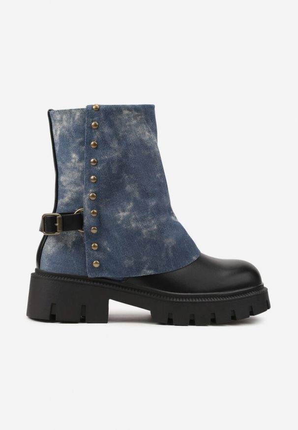 Born2be - Niebieskie Botki z Wywiniętą Cholewką i Klamrą Danelite. Okazja: na co dzień. Zapięcie: klamry. Kolor: niebieski. Materiał: jeans. Szerokość cholewki: normalna. Styl: casual, elegancki