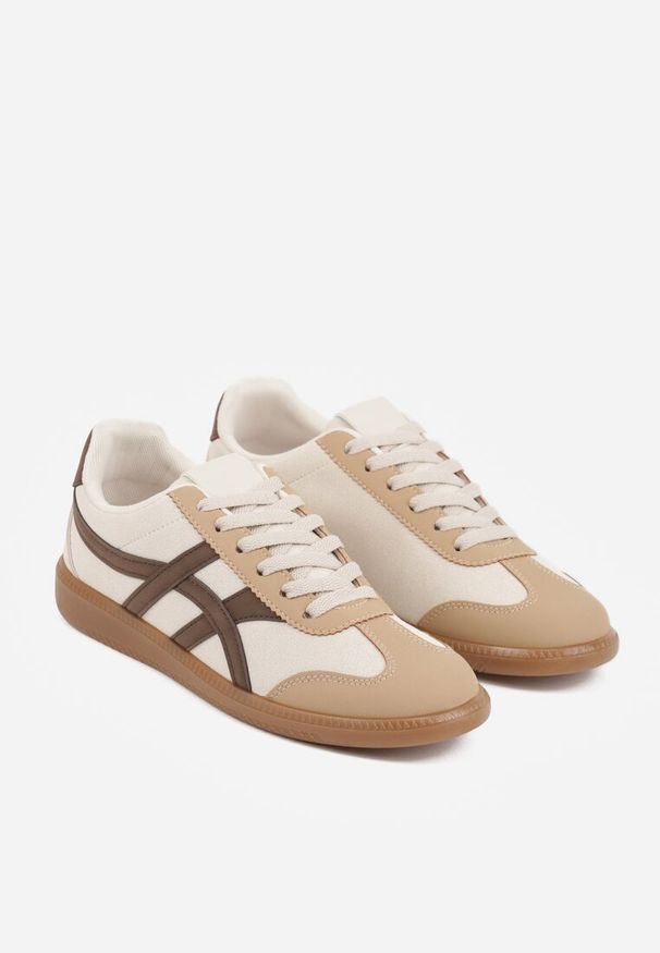 Renee - Beżowo-Brązowe Sneakersy w Stylu Tenisówek Ozdobione Geometrycznymi Paskami Zitora. Okazja: na co dzień. Zapięcie: pasek. Kolor: beżowy. Wzór: aplikacja, geometria