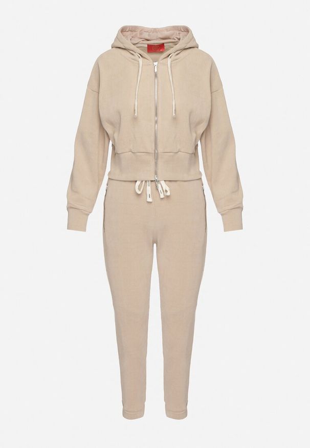 Born2be - Ciemnobeżowy Komplet Dresowy z Bawełną Bluza z Kapturem i Spodnie z Gumką w Talii Neseria. Kolor: beżowy. Materiał: bawełna, dresówka