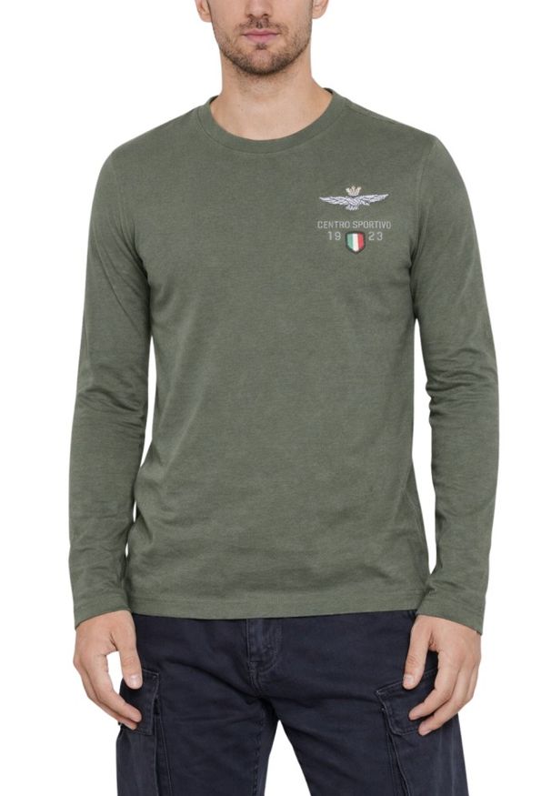 Aeronautica Militare - AERONAUTICA MILITARE Szarozielony męski longsleeve Centro Sportivo, Rozmiar 3XL. Kolor: zielony. Długość rękawa: długi rękaw