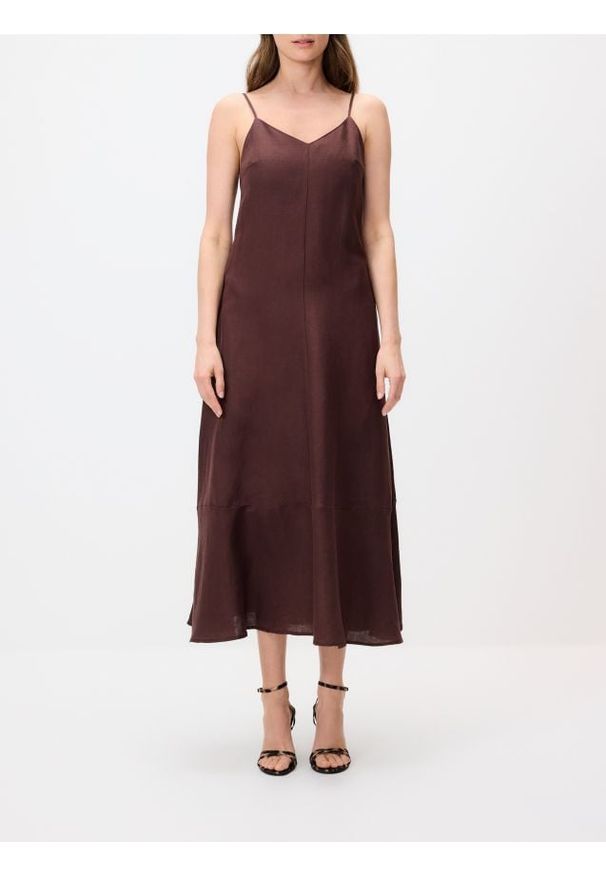 Reserved - Sukienka z lnem - ciemnobrązowy. Kolor: brązowy. Materiał: len