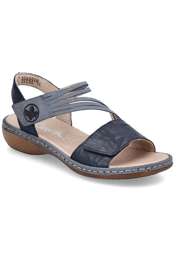 Skórzane sandały damskie na rzepy granatowe Rieker 65964-12. Zapięcie: rzepy. Kolor: niebieski. Materiał: skóra
