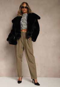 Renee - Ciemnobeżowe Spodnie High Waist z Bawełny o Szerokim Kroju Nalitia. Okazja: na co dzień. Stan: podwyższony. Kolor: beżowy. Materiał: bawełna. Styl: casual