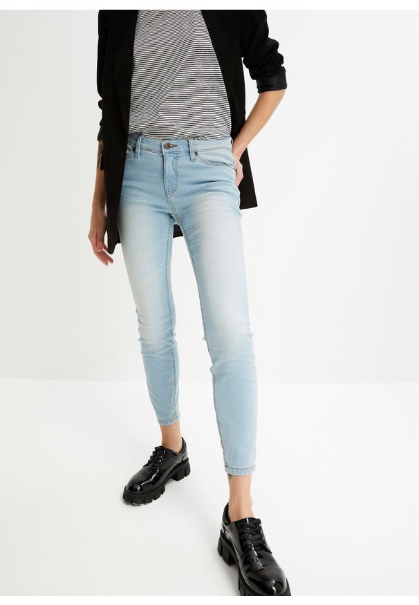 bonprix - Dżinsy Skinny, mid waist, krótsze nogawki. Kolor: niebieski. Długość: krótkie