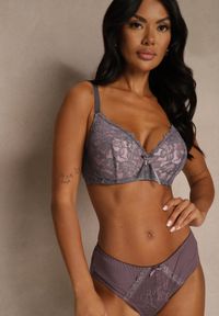 Renee - Szaro-Różowy Biustonosz Ozdobiony Koronką i Kokardką Aqiany. Kolor: szary. Materiał: koronka. Wzór: aplikacja, koronka #7