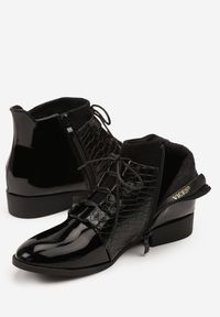 Born2be - Czarne Sznurowane Botki Vices w Eleganckim Stylu Viellie. Okazja: na spotkanie biznesowe, do pracy, na co dzień. Kolor: czarny. Materiał: jeans. Wzór: aplikacja. Obcas: na obcasie. Styl: elegancki. Wysokość obcasa: niski #7