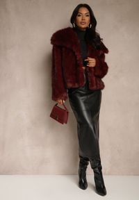 Renee - Bordowa Futerkowa Kurtka Dwurzędowa z Szerokim Kołnierzem Fesandrea. Okazja: na co dzień. Kolor: czerwony. Materiał: jeans. Styl: casual #4