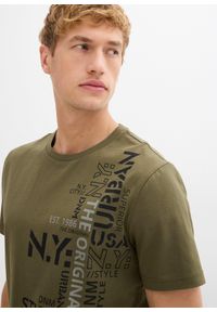 bonprix - T-shirt z bawełny organicznej. Kolor: zielony. Materiał: bawełna. Wzór: nadruk