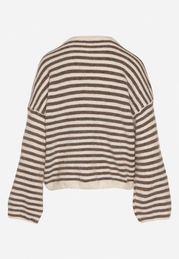 Born2be - Jasnobeżowy Sweter Oversize w Paski z Dodatkiem Wełny i Wiskozy Tianalla. Kolor: beżowy. Materiał: wełna, wiskoza. Wzór: paski. Styl: elegancki