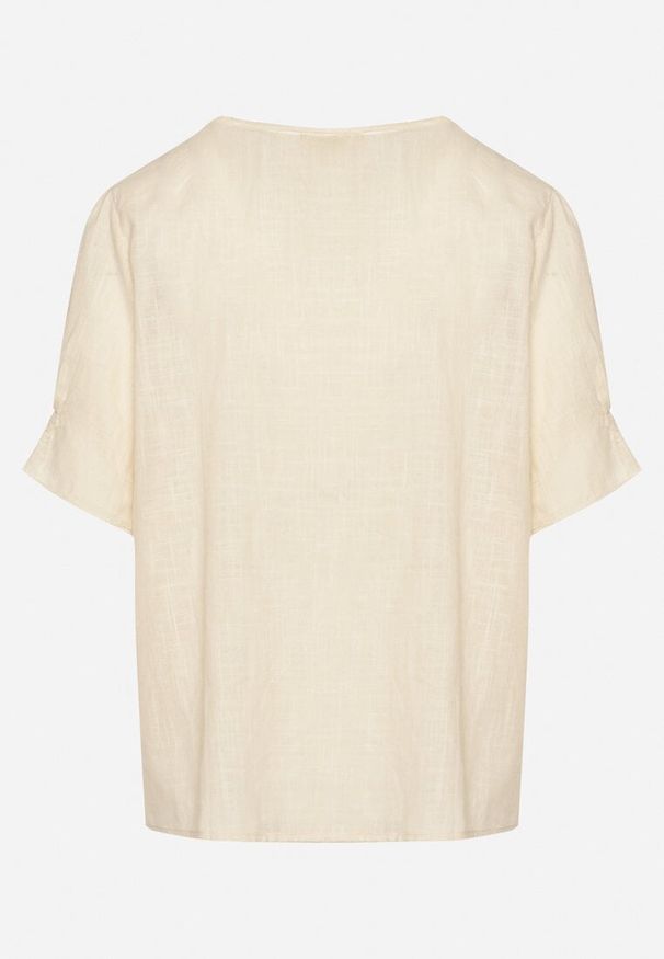 Born2be - Jasnobeżowa Bawełniana Koszula Zapinana na Guziki z Haftem i Przeszyciami Ozdobną Nicią Varavia. Kolor: beżowy. Materiał: bawełna. Wzór: haft