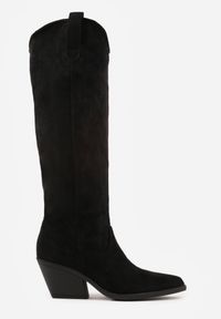 Renee - Czarne Kozaki Kowbojki na Stożku z Gładką Cholewką z Imitacji Zamszu Halille. Nosek buta: otwarty. Kolor: czarny. Materiał: zamsz. Szerokość cholewki: normalna. Wzór: gładki. Obcas: na stożku. Wysokość obcasa: średni #8