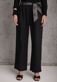 Renee - Granatowe Bawełniano-Wiskozowe Spodnie Wide Leg z Paskiem Typu Apaszka Arlethia. Kolor: niebieski. Materiał: wiskoza, bawełna. Styl: elegancki #4