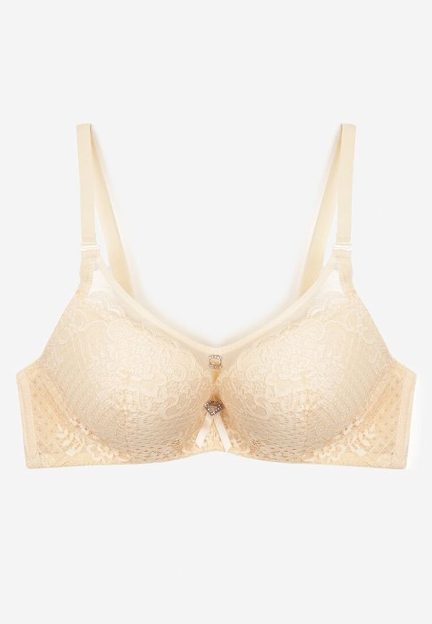 Born2be - Beżowy Biustonosz Koronkowy Typu Push-Up z Metalową Ozdobą Chrissty. Kolor: beżowy. Materiał: koronka. Rodzaj stanika: push-up. Wzór: aplikacja