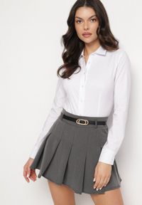 Born2be - Szara Plisowana Spódnica z Wiskozą Ozdobiona Paskiem Semarise. Okazja: na co dzień. Kolor: szary. Materiał: wiskoza. Wzór: aplikacja. Styl: elegancki, casual #5