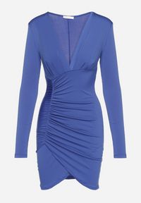Born2be - Niebieska Sukienka Ozdobiona Marszczeniem z Usztywnionymi Ramionami Leatheris. Okazja: na co dzień. Typ kołnierza: dekolt w kształcie V. Kolor: niebieski. Materiał: skóra. Długość rękawa: długi rękaw. Wzór: aplikacja. Typ sukienki: proste. Styl: casual #2