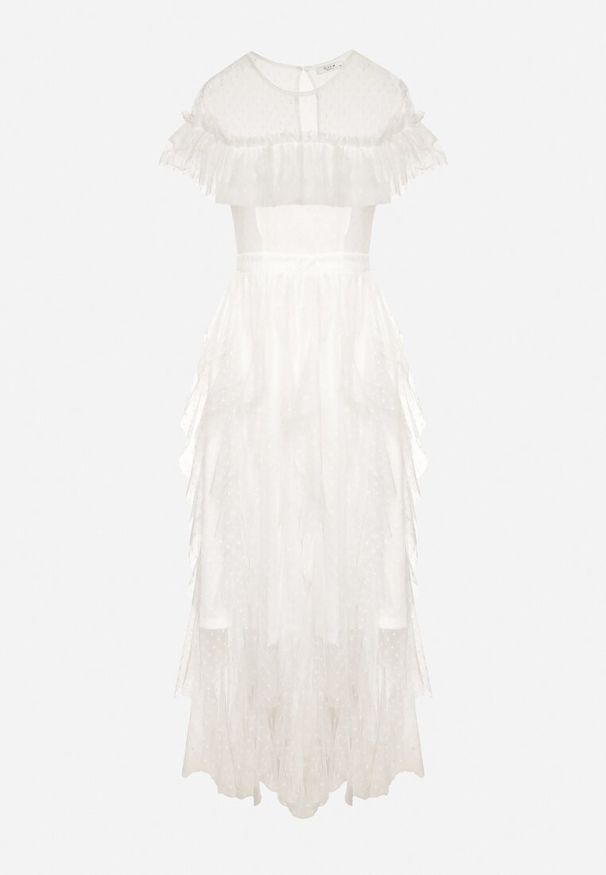 Born2be - Biała Sukienka z Przezroczystego Materiału Rozkloszowana Ozdobiona Koronką Pela. Okazja: na co dzień. Kolor: biały. Materiał: koronka, materiał. Długość rękawa: krótki rękaw. Wzór: aplikacja, koronka. Typ sukienki: proste, rozkloszowane. Styl: casual, klasyczny