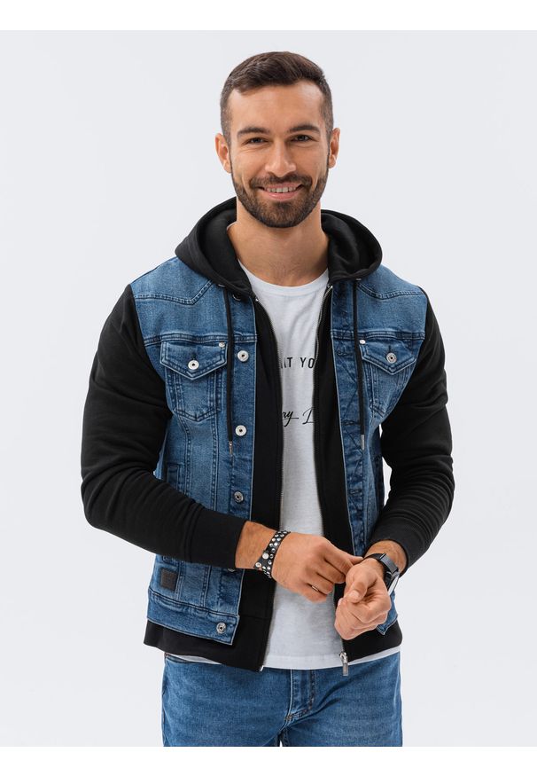 Ombre Clothing - Kurtka męska jeansowa katana z kapturem - niebiesko-czarna. Typ kołnierza: kaptur. Kolor: czarny, niebieski, wielokolorowy. Materiał: jeans. Styl: klasyczny