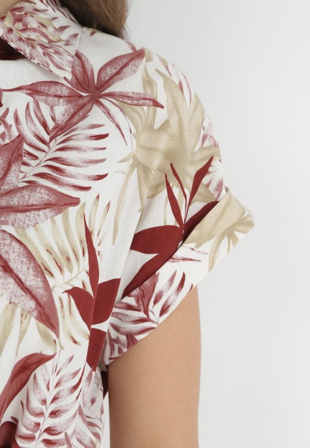 Born2be - Bordowa Koszulowa Sukienka Mini z Materiałowym Paskiem z Wzorzystej Bawełny Besana. Kolor: czerwony. Materiał: bawełna, materiał. Sezon: wiosna, lato. Typ sukienki: koszulowe. Długość: mini