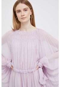 Emporio Armani sukienka kolor fioletowy mini rozkloszowana. Kolor: fioletowy. Materiał: materiał. Typ sukienki: rozkloszowane. Długość: mini #4