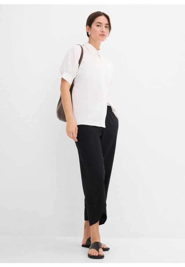 bonprix - Spodnie 3/4 z przewiewnej mieszanki lnu. Stan: podwyższony. Kolor: czarny. Materiał: len