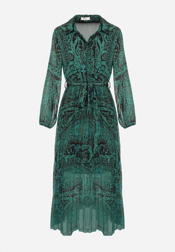 Born2be - Ciemnozielona Sukienka Rozkloszowana z Wiązanym Paskiem Gylten. Kolor: zielony. Materiał: materiał. Typ sukienki: koszulowe. Długość: maxi