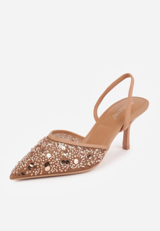 Renee - Ciemnobeżowe Szpilki Slingback Ozdobione Cekinami Vikiraie. Nosek buta: otwarty. Kolor: beżowy. Materiał: skóra. Wzór: aplikacja. Obcas: na szpilce. Styl: elegancki