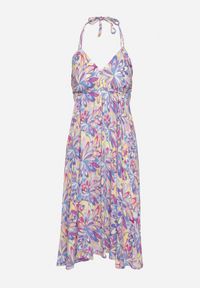 Born2be - Niebieska Bawełniana Sukienka z Wiązaniem na Szyi i Plecach Risalliem. Kolor: niebieski. Materiał: bawełna. Typ sukienki: rozkloszowane #2