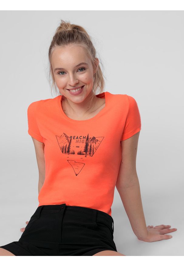 4f - T-shirt damski. Kolor: pomarańczowy. Materiał: materiał, włókno, dzianina, poliester