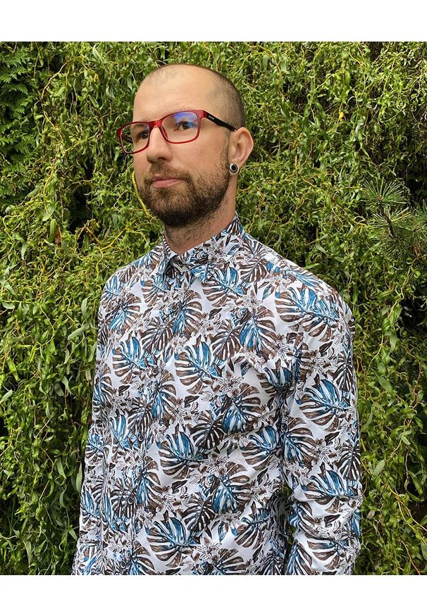 Grzegorz Moda Męska - Bawełniana Koszula z Długim Rękawem -GRZEGORZ MODA MĘSKA- Taliowana, w Liście, Monstera. Okazja: na spotkanie biznesowe, do pracy. Kolor: wielokolorowy. Materiał: bawełna, elastan. Długość rękawa: długi rękaw. Długość: długie. Styl: biznesowy, elegancki
