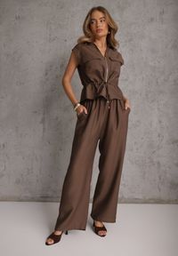 Renee - Brązowy Komplet Utility z Wiskozy Spodnie i Bluzka na Suwak ze Ściągaczem Petolira. Kolor: zielony. Materiał: wiskoza #2