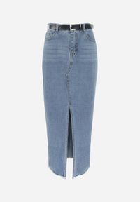 Born2be - Niebieska Jeansowa Spódnica Maxi z Paskiem Goergen. Stan: podwyższony. Kolor: niebieski. Materiał: jeans. Wzór: aplikacja #7