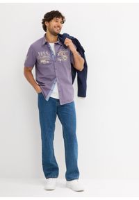 bonprix - Koszula z krótkim rękawem i nadrukiem, Slim Fit. Kolor: niebieski. Długość rękawa: krótki rękaw. Długość: krótkie. Wzór: nadruk. Styl: sportowy