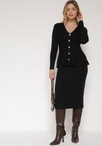 Born2be - Czarny Elegancki Komplet z Dzianiny z Wiskozą Kardigan i Spódnica Uneva. Kolor: czarny. Materiał: dzianina, wiskoza #6