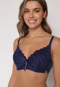 Born2be - Granatowy Koronkowy Biustonosz z Kokardką Nealenia. Kolor: niebieski. Materiał: koronka. Wzór: koronka #1