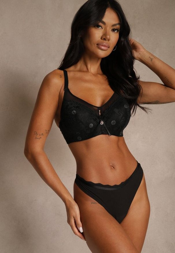 Renee - Czarny Koronkowy Biustonosz Ozdobiony Przezroczystą Wstawką Acalinai. Kolor: czarny. Materiał: koronka. Rodzaj stanika: przezroczysty. Wzór: aplikacja