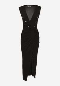 Born2be - Czarna Sukienka Koktajlowa z Kopertowym Dekoltem Marszczeniem i Guzikami Tdivane. Kolor: czarny. Typ sukienki: kopertowe. Styl: wizytowy #4