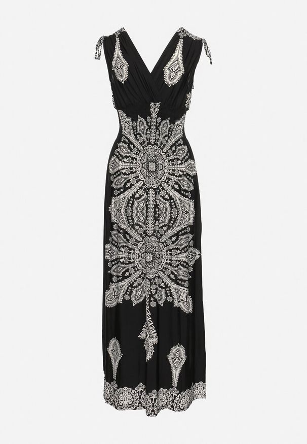 Born2be - Czarna Sukienka w Stylu Boho z Gumką w Pasie i Troczkami na Ramionach Aretava. Okazja: na co dzień. Typ kołnierza: dekolt w serek, dekolt w łódkę. Kolor: czarny. Typ sukienki: proste. Styl: boho