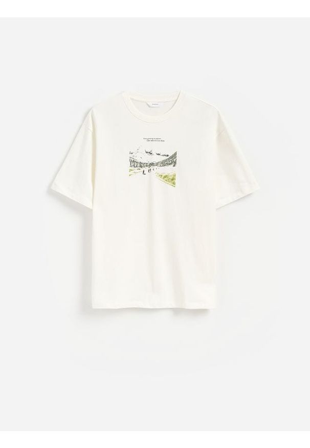 Reserved - T-shirt comfort z nadrukiem - złamana biel. Materiał: bawełna, dzianina. Wzór: nadruk