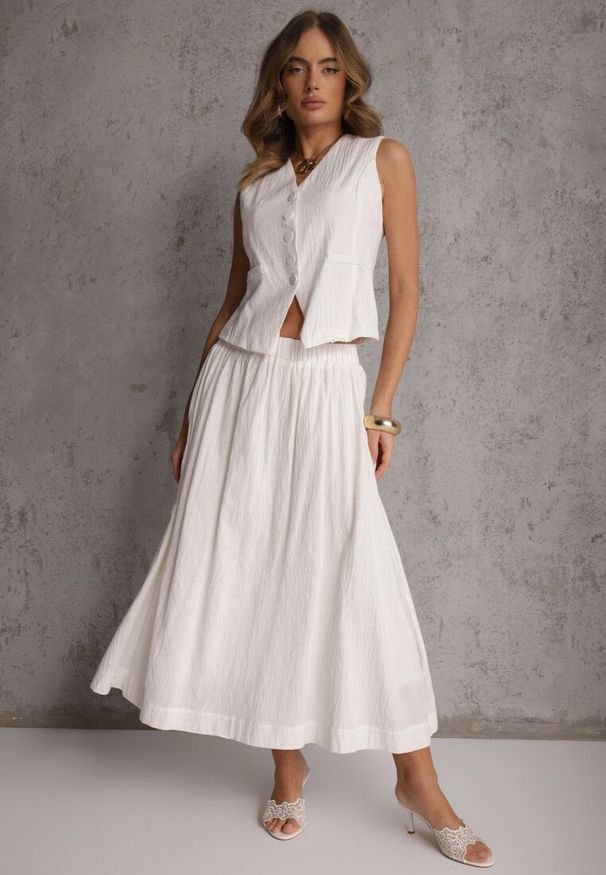 Renee - Biały Komplet z Bawełny Kamizelka i Spódnica o Rozkloszowanym Kroju Movenae. Kolor: biały. Materiał: bawełna. Wzór: geometria