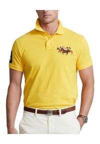 Ralph Lauren - RALPH LAUREN - Żółta koszulka polo Custom Slim Fit. Typ kołnierza: polo. Kolor: żółty. Materiał: bawełna, mesh. Wzór: haft, aplikacja, ze splotem, kolorowy