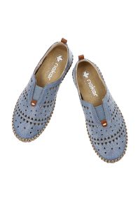 Półbuty damskie Rieker, skóra naturalna ażurowa cholewka wsuwany fason elastyczne wstawki miękka skórzana wyściółka, niebieskie, M2852-12. Kolor: niebieski. Materiał: skóra. Szerokość cholewki: normalna. Wzór: ażurowy #6